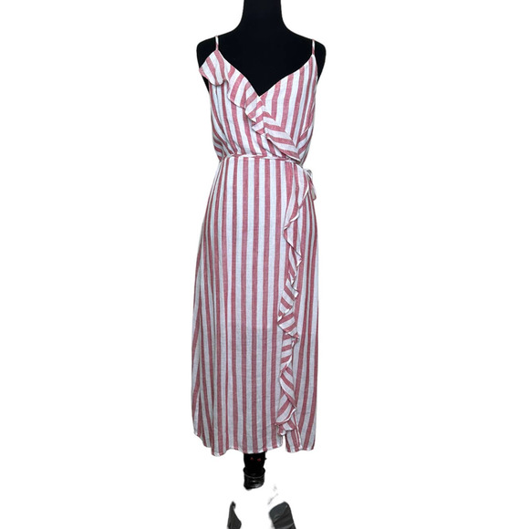 Rails pink white pin stripes sleeveless ruffle detail midi dress size Small - Picture 1 of 12